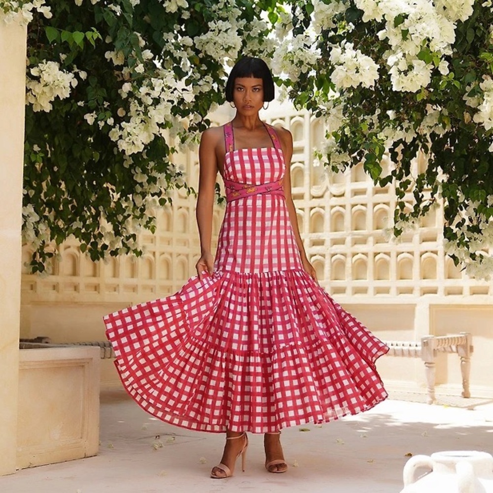 NWT Mo Maya Runa Gingham Check and Leopard Strap Print Maxi Dress Sz XS - Picture 3 of 16